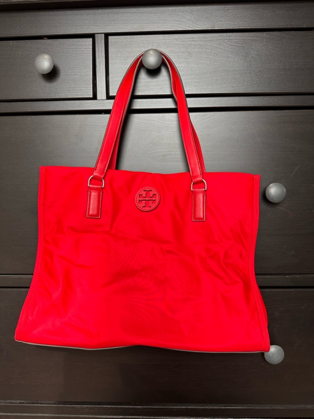 Tory Burch Bright Red Nylon Tote with Logo Medallion